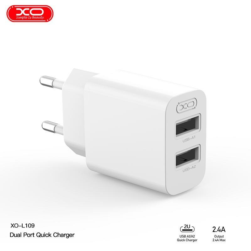Мережевий Зарядний Пристрій 2USB XO L109 2.4A White