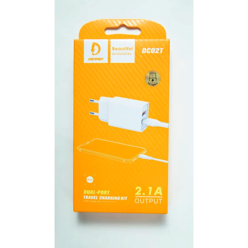 Зарядний мережевий пристрій, адаптер живлення DENMEN DC02T (2 USB 2.1 A) Type-C White